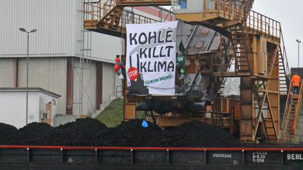 Protest gegen Braunkohle. Über Stunden harrten Umweltschützer am Freitag bei frostigen Temperaturen an einem Kran im Hafen von Königs Wusterhausen aus.