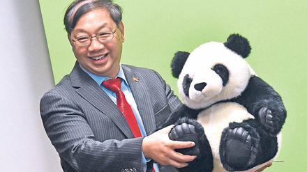 Mit Stoffpanda. Chinas Botschafter Shi Mingde. 