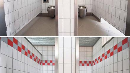 Türlos. Die Fotos zeigen Damentoiletten an der Bundesautobahn 12 auf den Rastplätzen Kersdorfer See (oben) und Berliner Urstromtal, bei denen die Türen der Damentoiletten fehlen.