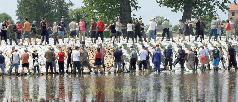 In Lostau bei Magdeburg versuchen Helfer am Sonntag (09.06.2013) mit Sandsäcken einen Damm gegen das Hochwasser der Elbe zu verstärken.