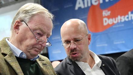 AfD-Landeschef Andreas Kalbitz unterhält sich auf dem Parteitag mit seinem Vorgänger Alexander Gauland.