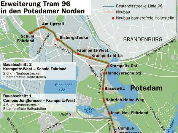 Die geplante Erweiterung der Tram 96 nach Krampnitz.