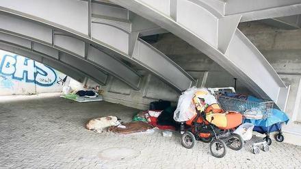 Obdachlosigkeit im Stadtbild. Zwei Wohnungslose haben derzeit ihr Lager unter der Trambrücke neben der Langen Brücke aufgeschlagen.