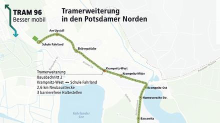 So könnte die Tramstrecke nach Krampnitz und Fahrland verlaufen.