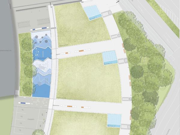 So sollen die Terrassen und der neue Spielplatz vor dem blu aussehen. 