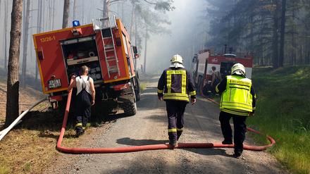Einsatzkräfte der Feuerwehr löschen einen Brand im Wald bei Limsdorf, einem Ortsteil von Storkow.