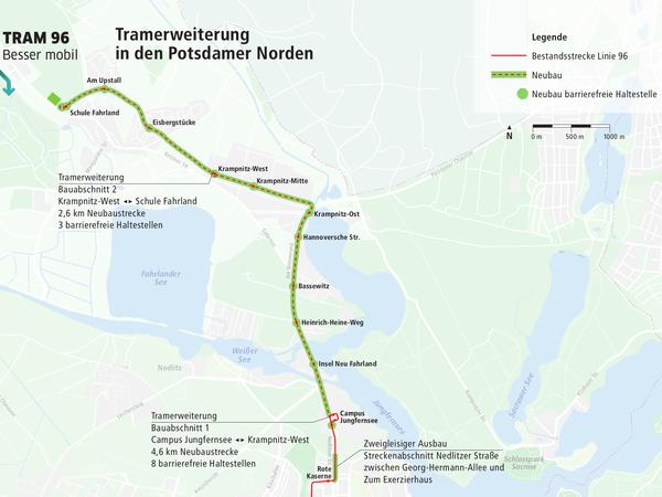 Die Tramtrasse nach Krampnitz soll eine Strecke von 4,6 Kilometern umfassen.