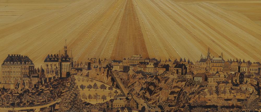 Dieses Bild, aus zahlreichen Strohstücken geflochten, zeigt die bayerische Stadt Schillingsfürst auf der Frankenhöhe.