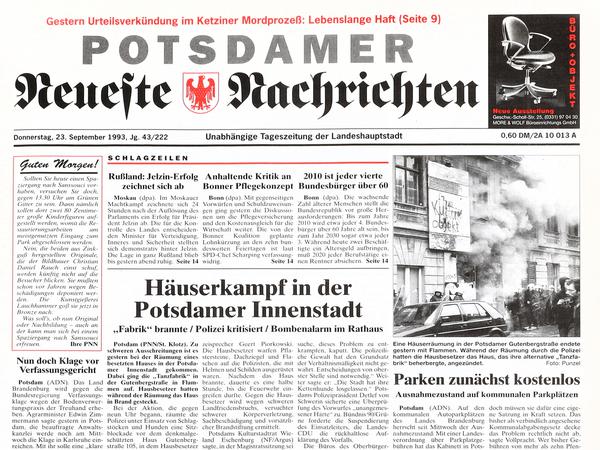 Am 23. September 1993 berichten die PNN über die Häuserräumung der Gutenbergstraße 105 in Potsdam.