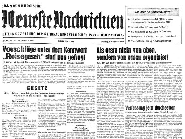 Am 6. November 1989 berichten die BNN über Demonstrationen, auch über die in Potsdam.
