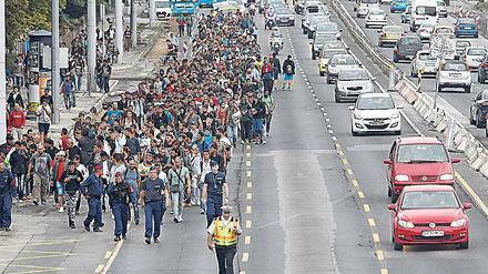 Tausende Menschen gehen über die Autobahn zur österreichischen Grenze.