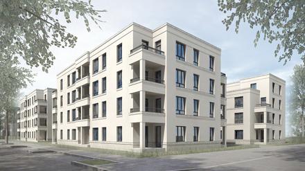 So sollen die Neubauten der kommunalen Pro Potsdam im Bornstedter Feld nach der Fertigstellung im Frühjahr 2025 aussehen. l 