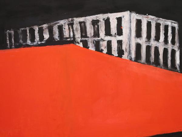 Barbara Raetsch hat mehrere Bilder des roten Bauzauns um die ehemalige FH gemalt. 