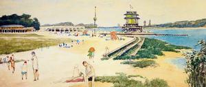 Heinrich Basedow der Ältere malte 1926 diese „Flußbadeanstalt in Potsdam“, die mit ihren zarten Farben den Winter kurz vergessen lässt.