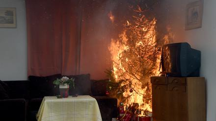 In Bad Segeberg (Schleswig-Holstein) stand 2016 ein Weihnachtsbaum in Flammen. Die Freiwillige Feuerwehr demonstrierte Gefahren durch brennende Adventskränze, Tannenbäume und Silvesterknaller.