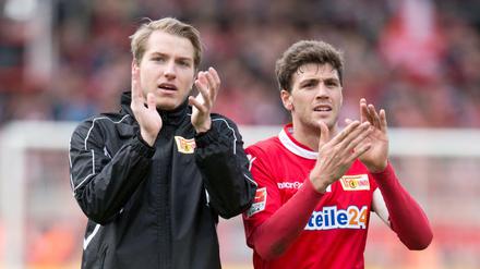 Unions Torwart Jakob Busk und Kapitän Benjamin Kessel zeigen ab der nächsten Saison einen neuen Hauptsponsor auf ihren Trikots.