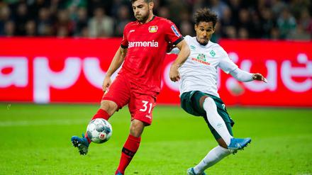 Harter Kampf. Leverkusens Kevin Volland (l.) und Bremens Theodor Gebre Selassie 