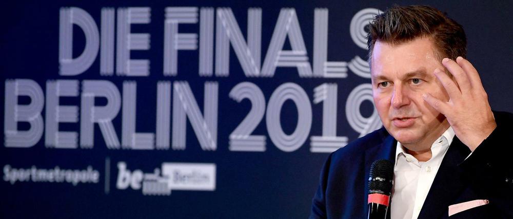 Sportsenator Andreas Geisel (SPD) warb bei einer Pressekonferenz für die Finals 2019. 