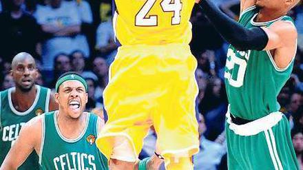 Drei Stars, ein Superstar. Kobe Bryant (in Gelb) steigt zum Wurf hoch, die Celtics Kevin Garnett, Paul Pierce und Ray Allen (von l.) müssen zusehen. Foto: dpa