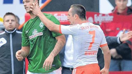 Immerhin kratzig. Bayerns Franck Ribéry (r.) bohrt seine Finger tief unter die Gesichtshaut von Bremens Marko Arnautovic. Fotos: dapd