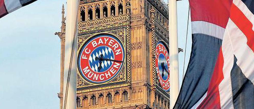 Big Ben und Bayern. Früher nahm in England niemand von der Bundesliga Notiz. Doch inzwischen wenden sich immer mehr dem deutschen Fußball zu. Foto: dpa/Montage Streuber