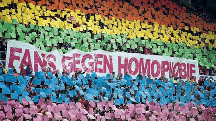 Farbe bekennen. Immer öfter protestieren Fußball-Fans (wie hier 2012 in Mainz) gegen Homophobie in deutschen Stadien.Foto: Imago