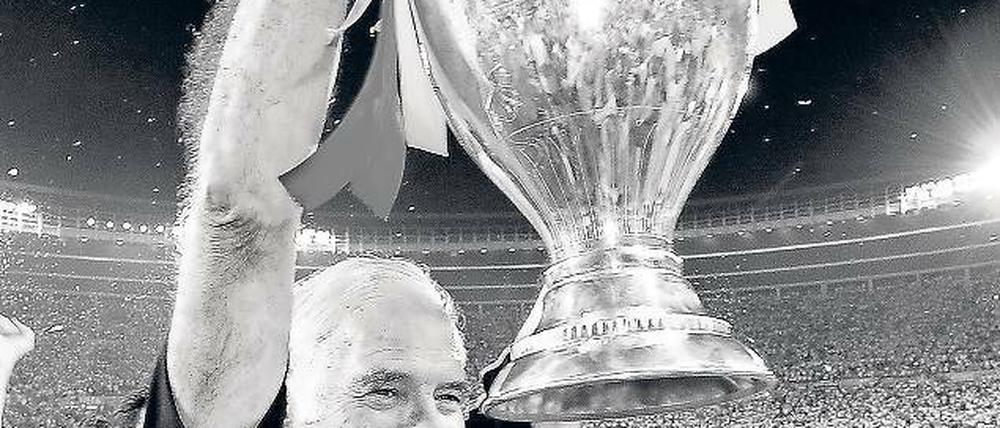 Sein größter Triumph. Luis Aragonés mit dem EM-Pokal 2008. Foto: dpa