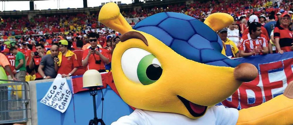 Seltener Auftritt. Das WM-Maskottchen Fuleco ist überraschend wenig präsent. Foto: AFP