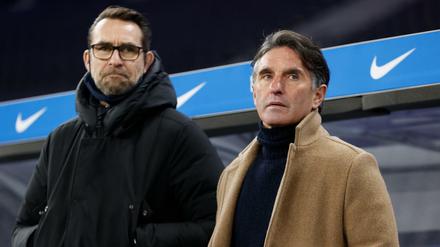 Die Stimmung war schon mal besser bei Hertha BSC. Trainer Bruno Labbadia (rechts) und Manager Michael Preetz können sich die schwachen Leistungen der Mannschaft auch nicht erklären.