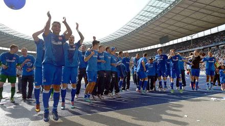 Geschafft. Gegen den SV Sandhausen gelingt Hertha BSC am 21. April 2013 im Olympiastadion der Wiederaufstieg.