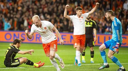 "Oranje Boven". Davy Klaasen bejubelt das 2:0 für die Niederlande gegen Spanien.