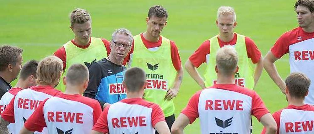 FC-Trainer Peter Stöger (mit Brille) möchte sich nach der Zweitligameisterschaft nun mit dem Klassenerhalt weiter in Deutschland etablieren. Der früherer Herthaner Sascha Bigalke (hinten, zweiter v. rechts) soll in der Sommerpause noch abgegeben werden.