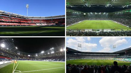 Die Verlierer (von oben links nach unten rechts): Max-Morlock-Stadion in Nürnberg, Borussia-Park in Mönchengladbach, HDI-Arena in Hannover und das Weser Stadion in Bremen. 