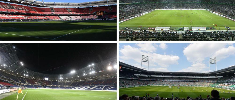 Die Verlierer (von oben links nach unten rechts): Max-Morlock-Stadion in Nürnberg, Borussia-Park in Mönchengladbach, HDI-Arena in Hannover und das Weser Stadion in Bremen. 