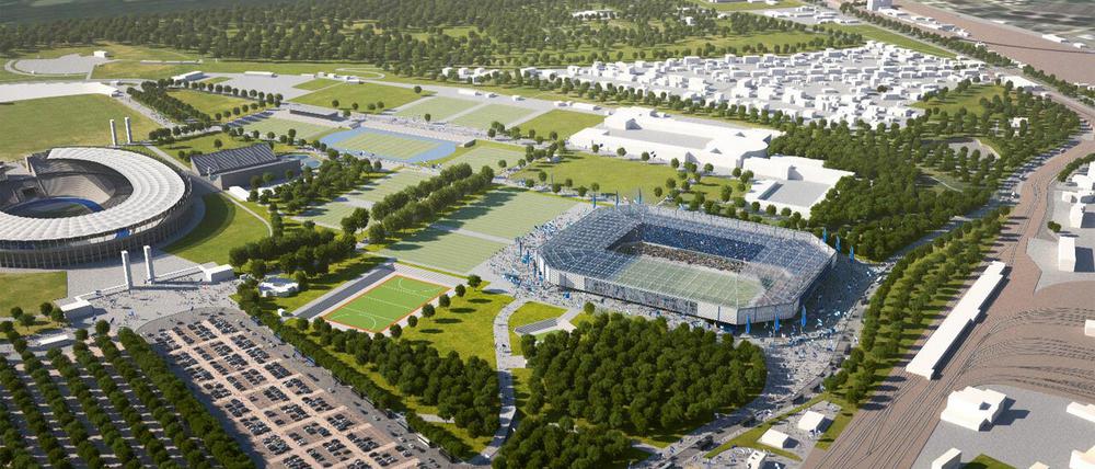 So soll es aussehen. Die Visualisierung zeigt den möglichen Standort eines reinen Fussballstadions in der Nähe des Olympiastadions.
