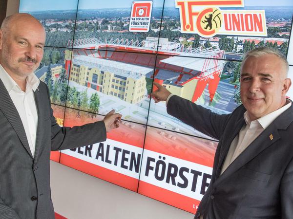 Große Pläne. Unions Präsident Dirk Zingler (r.) will das Stadion An der Alten Försterei ausbauen.