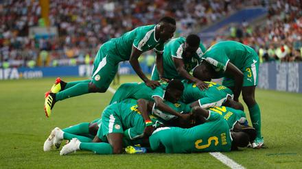 Baye Niang (verdeckt) aus Senegal und seine Teamkollegen bejubeln das Tor zum 2:0.