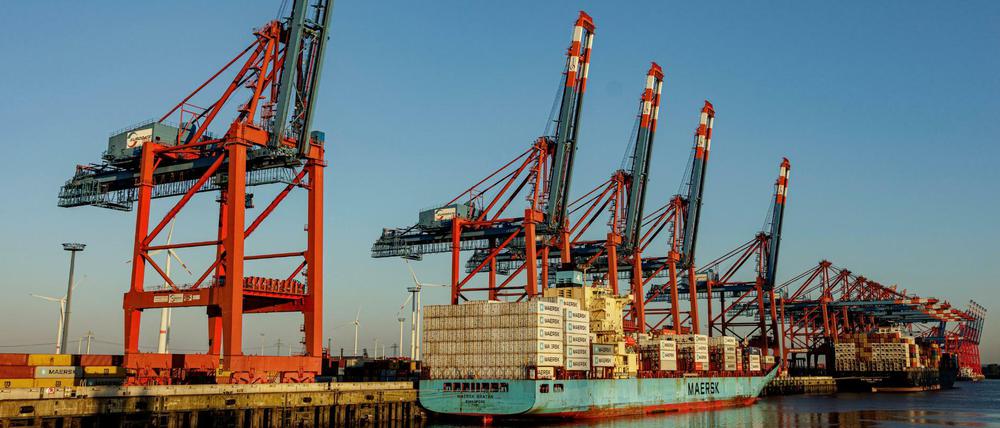 Ruhende Kräne: Containerschiffe liegen zur Abfertigung an den Terminals im Hamburger Hafen.