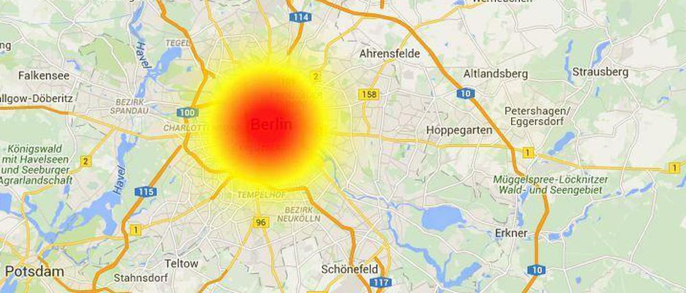 Die Störungskarte von "Alle Störungen" zeigte am Dienstagmorgen eine Häufung für das O2-Netz in Berlin.