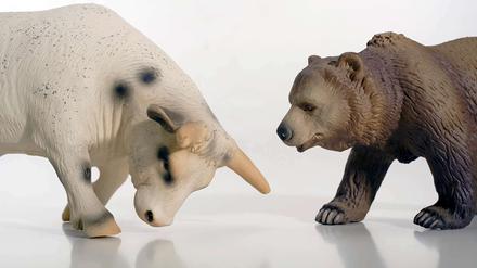 Bulle und Bär. Der Stier steht für steigende, der Bär für fallende Aktienkurse.