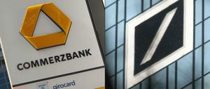 Schilder von Commerzbank und Deutscher Bank in Frankfurt am Main.