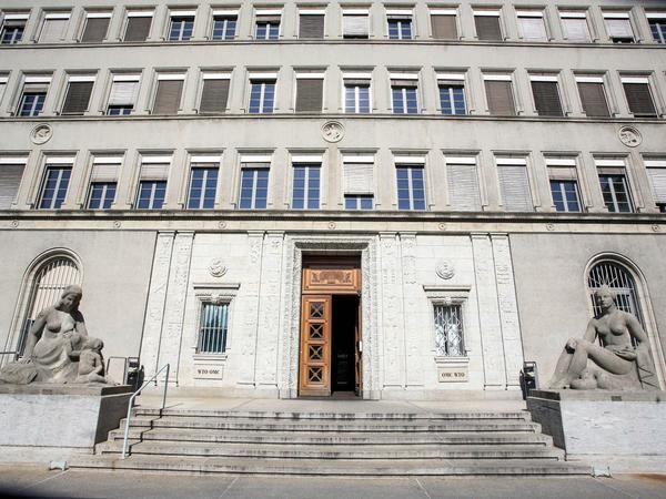 Eingangsbereich des historischen Hauptgebäudes der Welthandelsorganisation (WTO) in Genf.