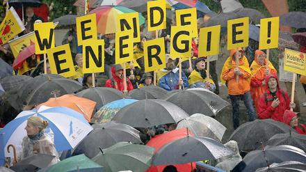 Atomkraftgegner aus Koblenz demonstrierten am vergangenen Sonntag (3. Juni 2012) im rheinland-pfälzischen Ingelheim im Regen für die Energiewende.
