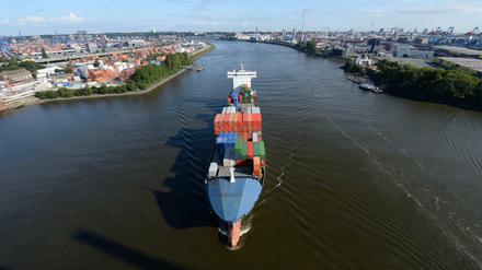Ein Containerfrachter fährt im Hamburger Hafen über die Elbe.