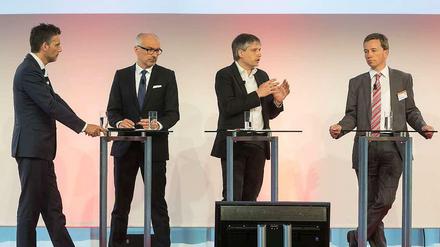 Diskutierten bei der Handelsblatt-Jahrestagung: Oliver Stock, Peter Simon, Sven Giegold und Bernd Lucke (von links).