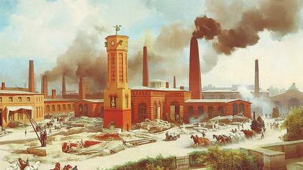 Viel Rauch, viel Feuer. Borsigs Maschinenbau-Anstalt zu Berlin an der Chausseestraße auf einem Gemälde von 1847. Foto: akg-images