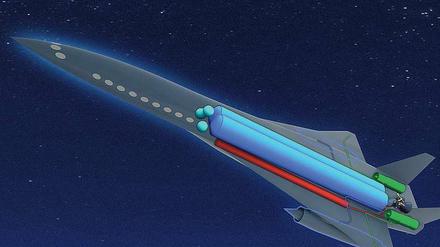 Zehst. Eine Computergrafik zeigt, wie das Flugzeug der Zukunft aussehen wird, das mit Raketenantrieb ausgestattet ist. Foto: AFP