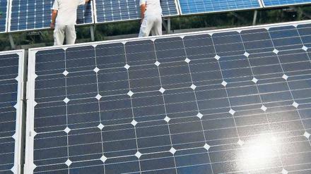 Glänzend. Arbeiter putzen Solarmodule im chinesischen Baoding.