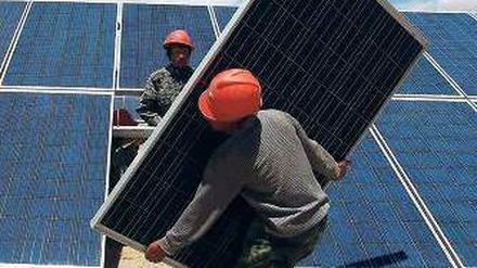Zwei Männer bauen Solarpaneele auf.