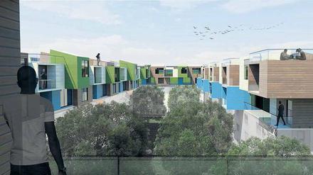 Architektur der Zukunft. Die Animation zeigt den Entwurf einer modularen Wohnsiedlung. Er stammt von Studenten der Berliner Beuth Hochschule.
